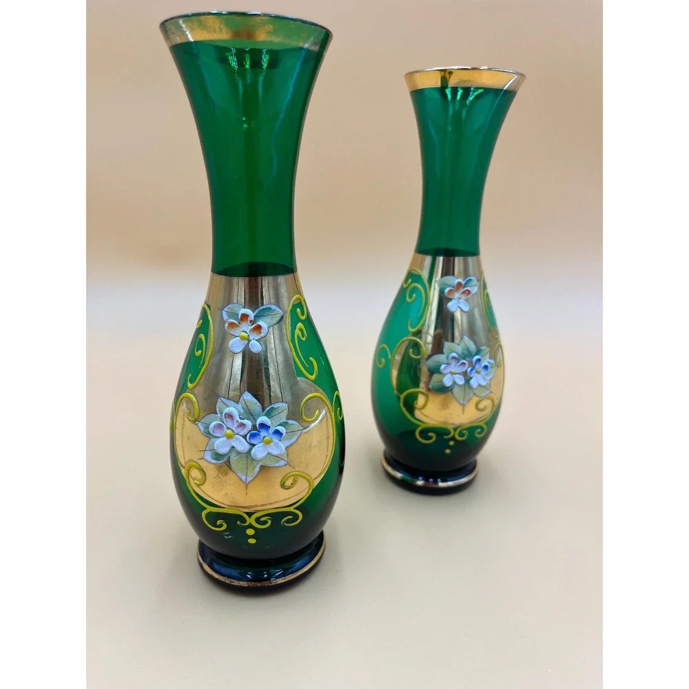 Vintage Royal Sealy Bud Vase Set: Green Glass Bohemian Floral Decor